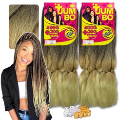 Kit 2 Cabelo Super Jumbo Ser Mulher Jumbão Tranças Box Braid Aplique Fibra Sintética + Anéis