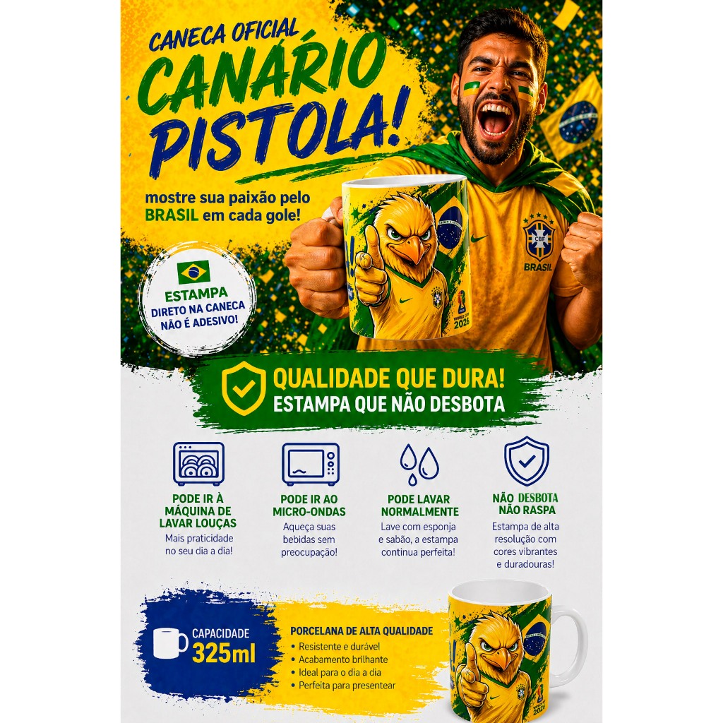 Caneca de Porcelana Canarinho Pistola do Brasil Rumo ao Hexa