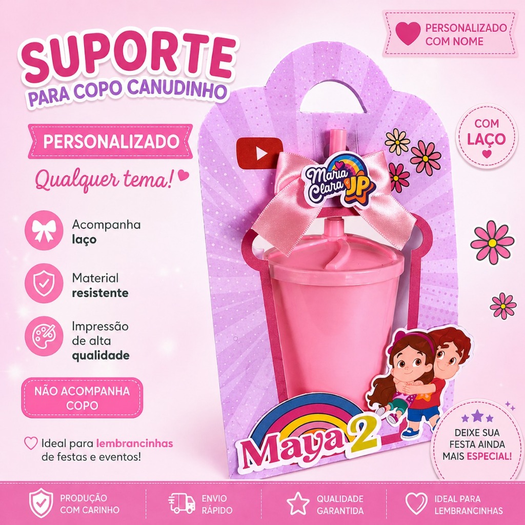 Suporte Personalizado para Copo Canudo Infantil | Lembrancinha Aniversário | Qualquer Tema|Com Laço