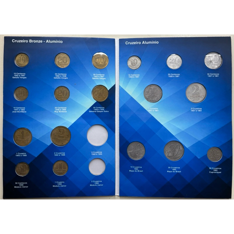 Álbum com moedas de 1942 a 1965 Cruzeiro Bronze e Cruzeiro Alumínio (faltando 2 moedas). Album com Acetato.
