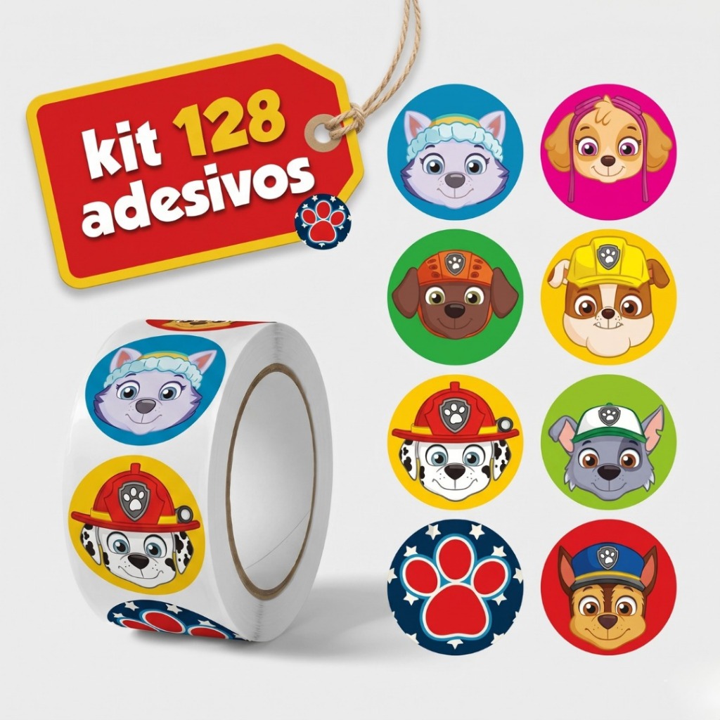 Kit 128 Adesivos Cachorrinhos 8 Modelos Skye Chase Infantil Lembrancinha Festa Pow Patrol Patrulha