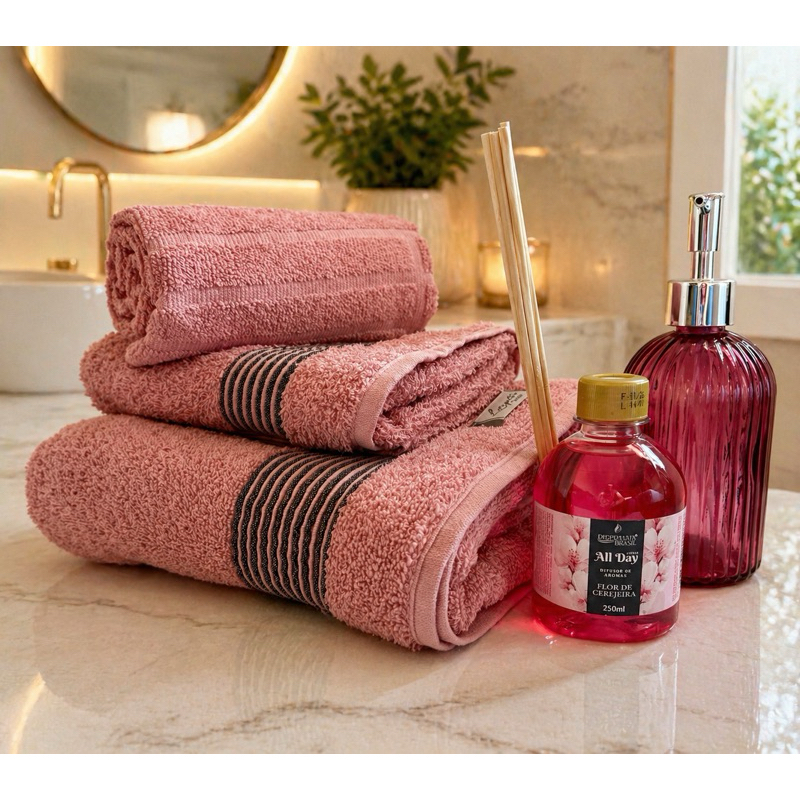 Kit Banheiro 5 Peças Completo – Toalhas + Difusor + Porta Sabonete | Presente Dia das Mães
