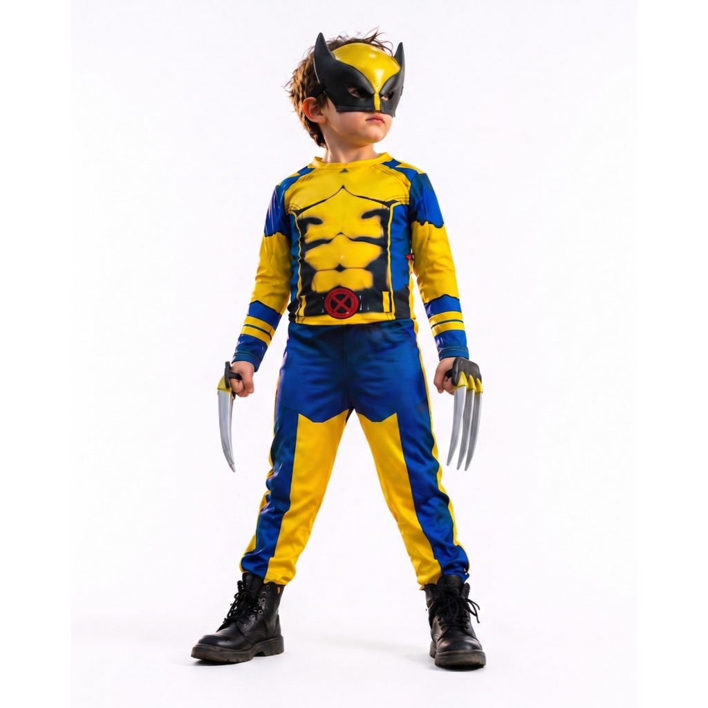 Fantasia Infantil Herói Wolverine Longa Com Enchimento Mascara e Garras De Plástico