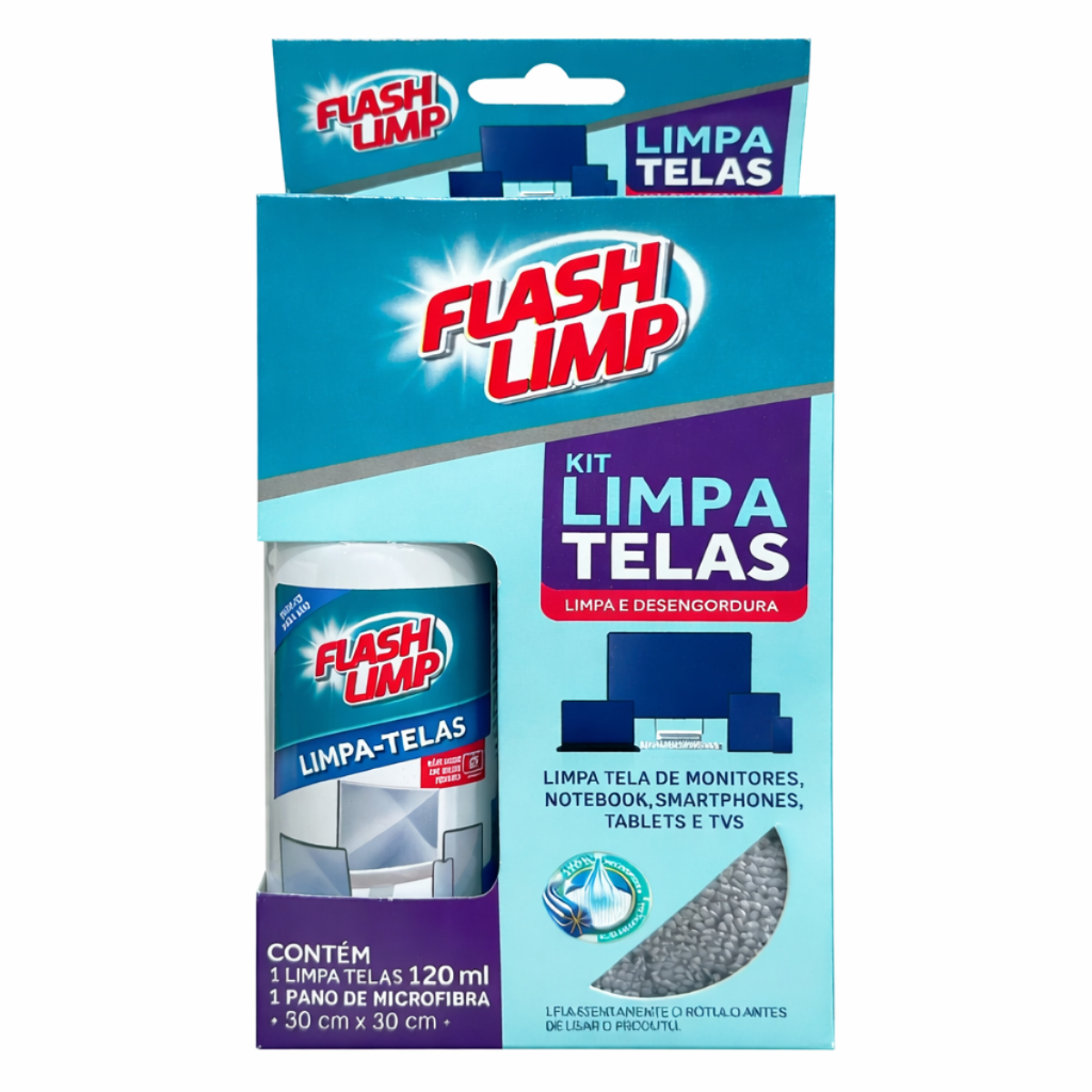 Kit Limpeza Flash Limp 120ml Limpa Tela Monitor TV Celular Pano Microfibra