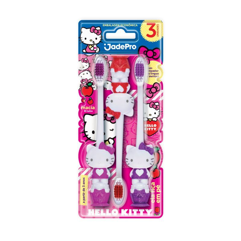 ESCOVA DE DENTE INFANTIL 3 UNIDADES HELLO KITTY VENTOSA - JADEPRO