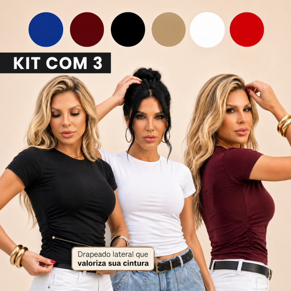 Kit 3 Blusinha Feminina Drapeada Cropped Manga Curta Baby Tee Compressão Básica Forrada Tshirt Blusa Gringa Dia a Dia