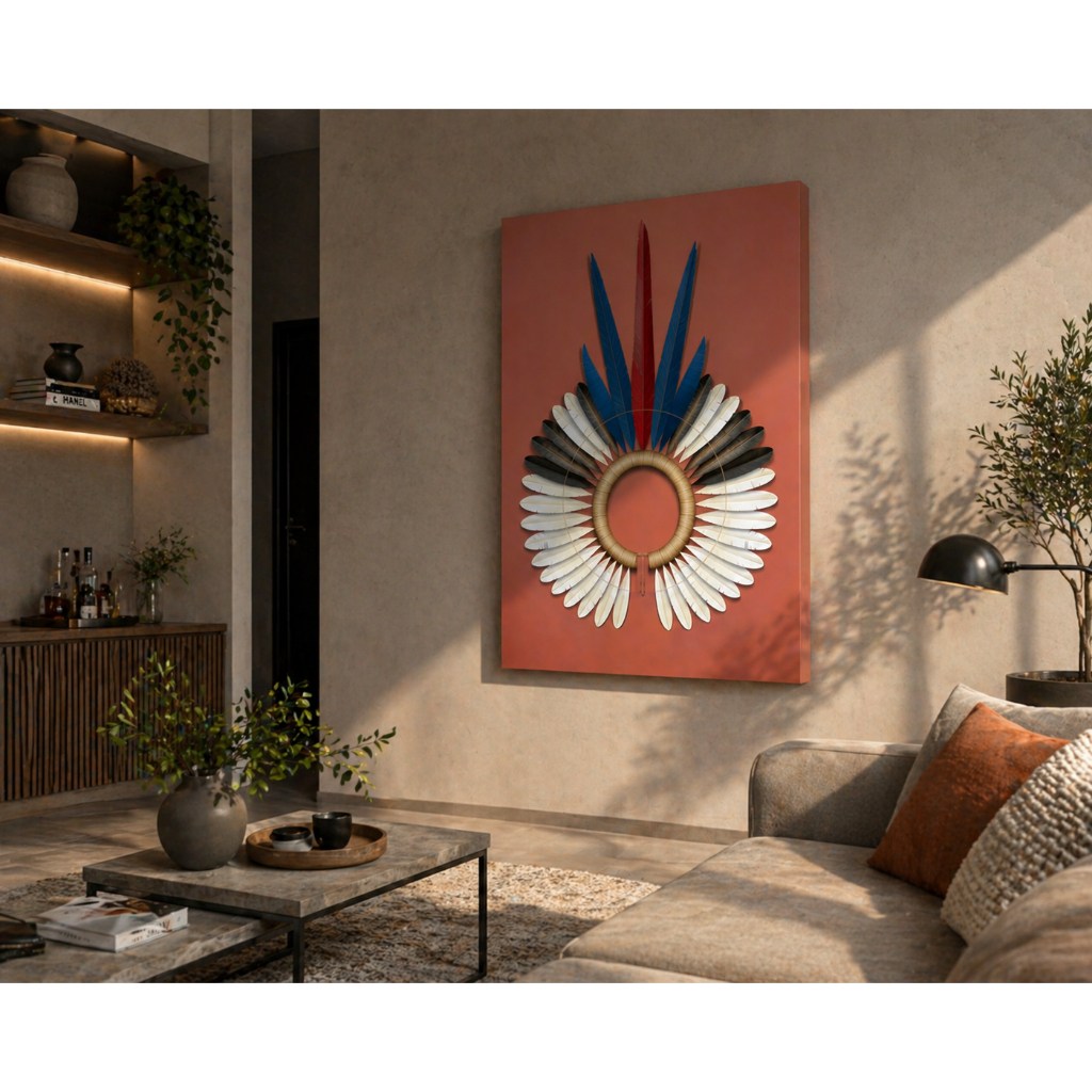 Quadro Decorativo Cocar Indígena Colorido Mascara Sala Quarto Parede Minimalista Decoração 1 Peça