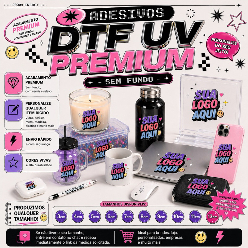 Adesivo Logo DTF UV Sem Fundo | Etiqueta Premium | Verniz Alto Brilho e Relevo | Envio Rápido