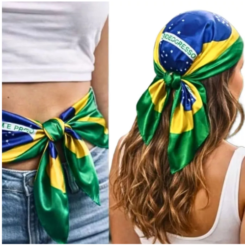 KIT 2  Lenço Bandana Bandeira do Brasil Cetim  90x90cm Multifuncional | Copa | Brilho Premium
