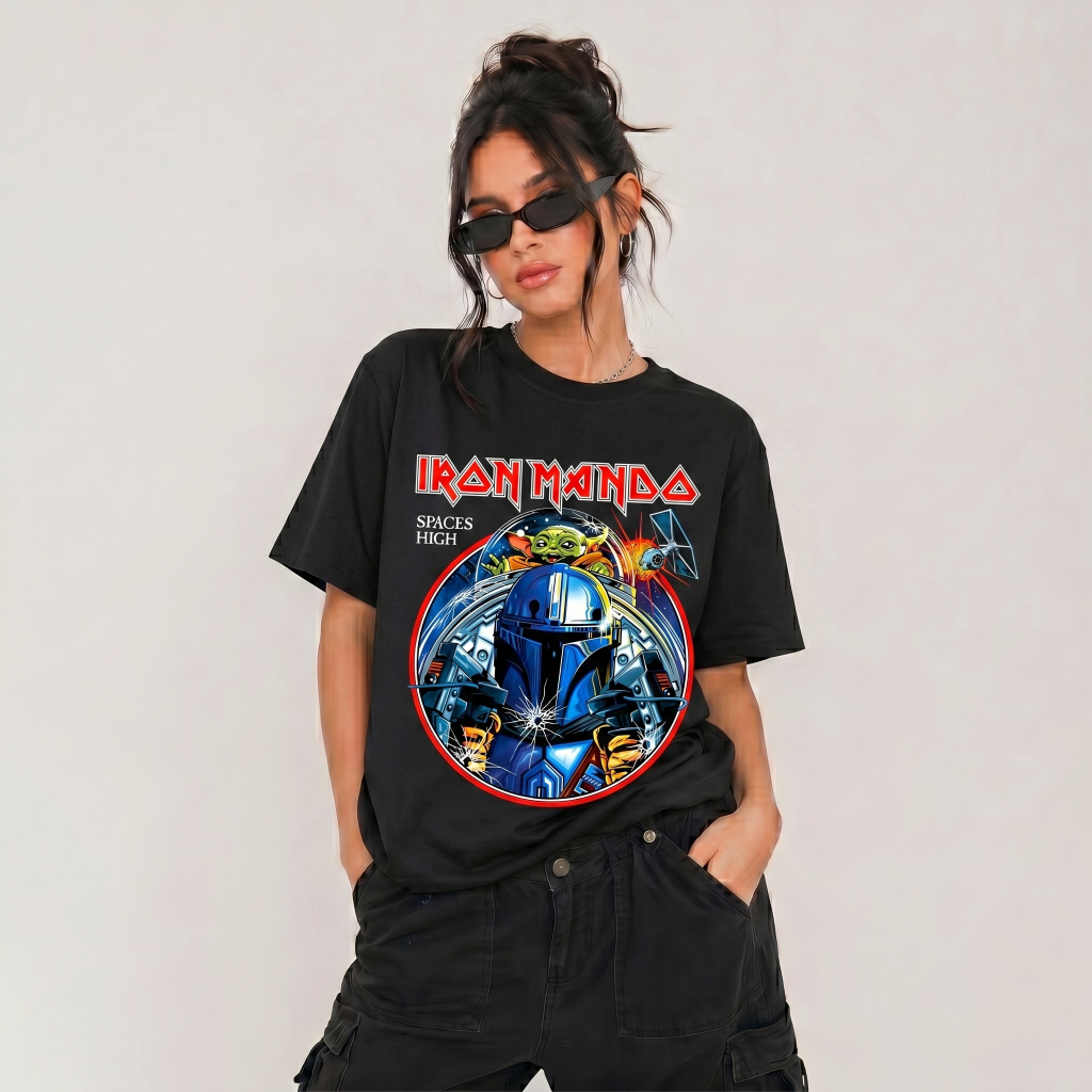 Camiseta Basica e Oversized Star Iron Mando Spaces Wars Mandaloriano Heavy Metal Grogu Boba Yoda
