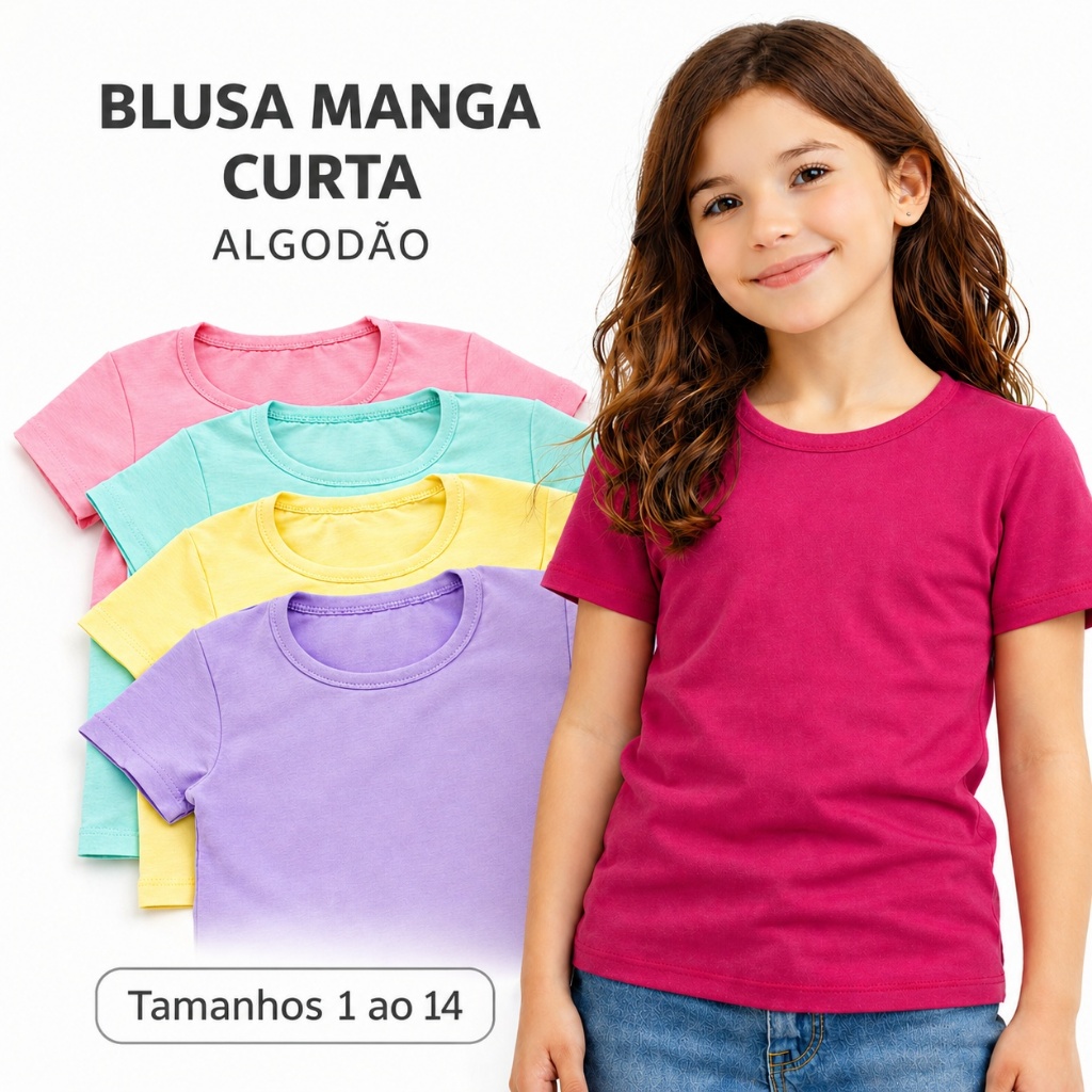 Kit Blusa Manga Curta Infantil Básica Menina, Baby Look Algodão Tamanhos 1 AO 14