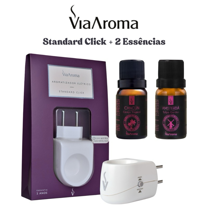 Kit Difusor Elétrico Standard Click C Botão Liga e Desliga Via Aroma + 2 Essências Aromatizantes
