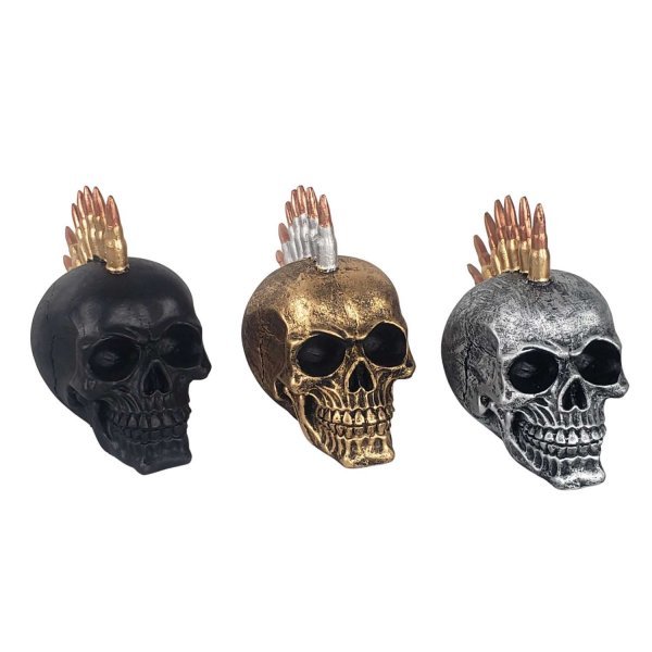 Caveira Cranio Metaleiro com Bala de Fuzil Decorativo em Resina 15,5 cm
