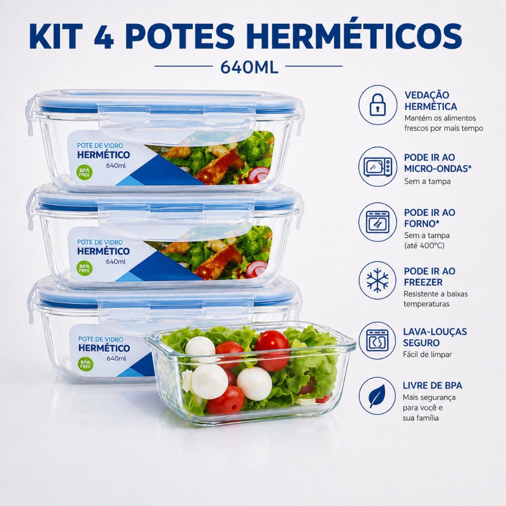 Kit 4 Potes Vidro Hermético 640ml Marmita Porta Alimentos Mantimentos Tampa 4 Travas Organizador