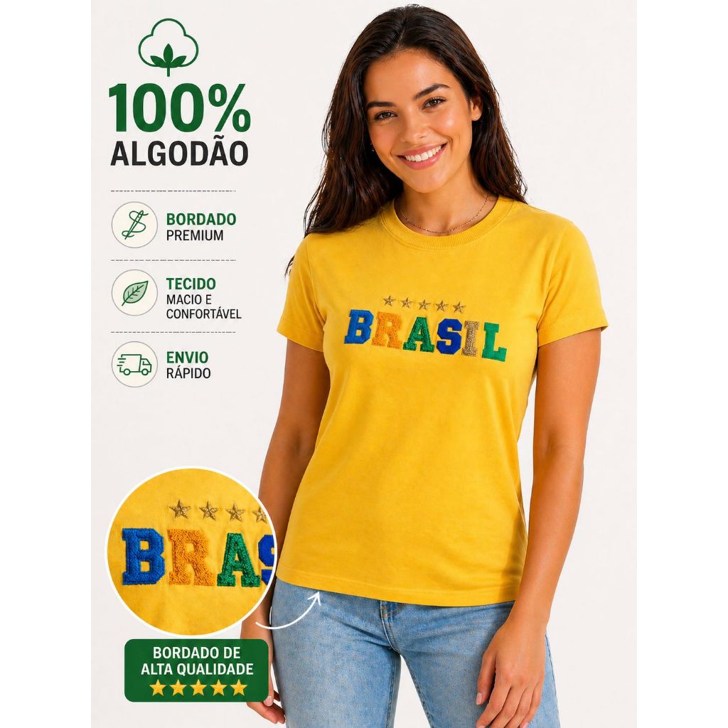 Camiseta Brasil Feminina Copa do Mundo Escrita Brasil 100% algodão P ao GG