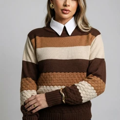Blusão Tricot Feminino Tricolor Suéter Manga Longa Premium Casual Quentinho Meia Estação Moda Outono Inverno
