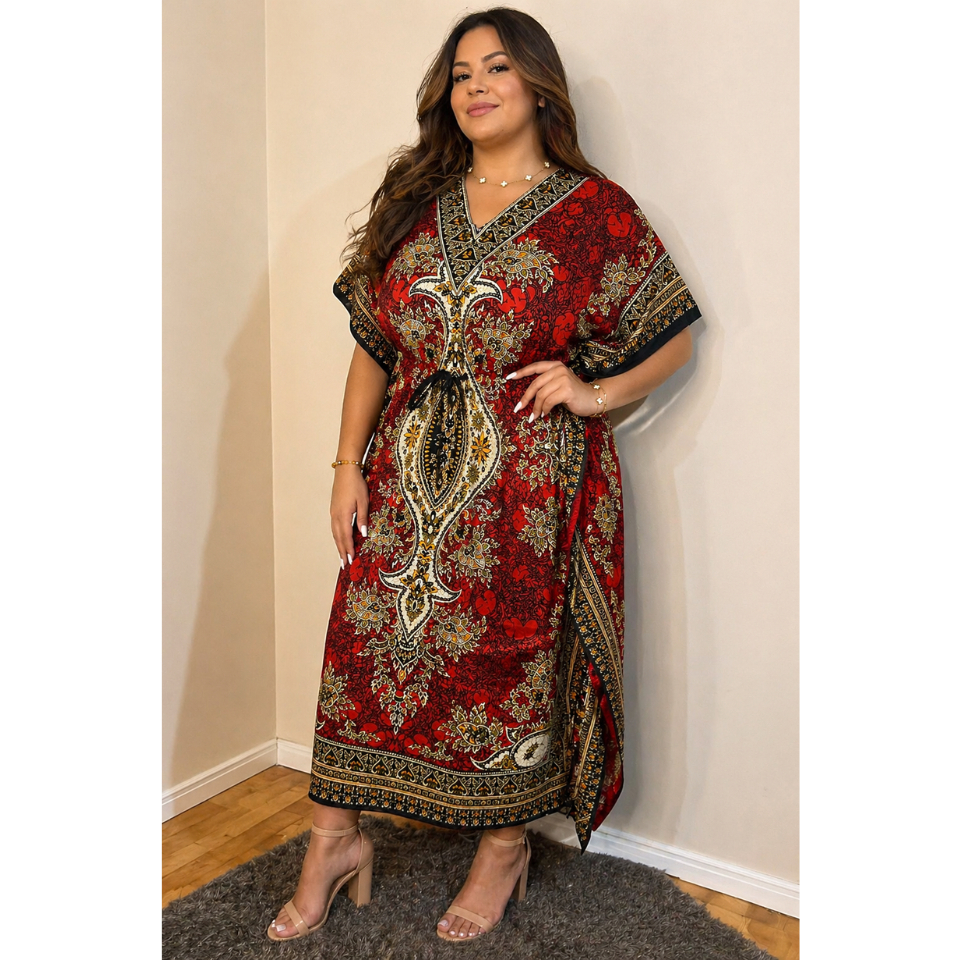 Vestido Kaftan Longo Estampado com Cores Vibrantes - Moda Indiana