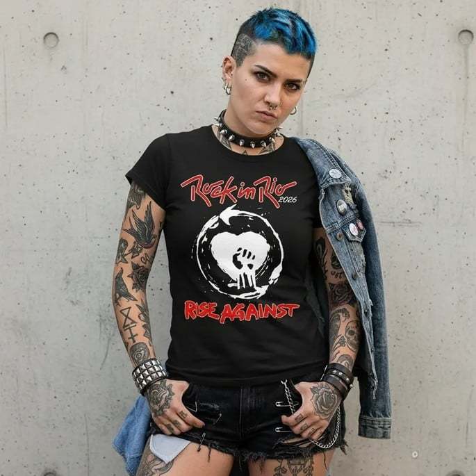 Camiseta Rise Against Feminina Baby Look Rock In Rio 2026 Blusa Banda Punk Hardcore Acinturada