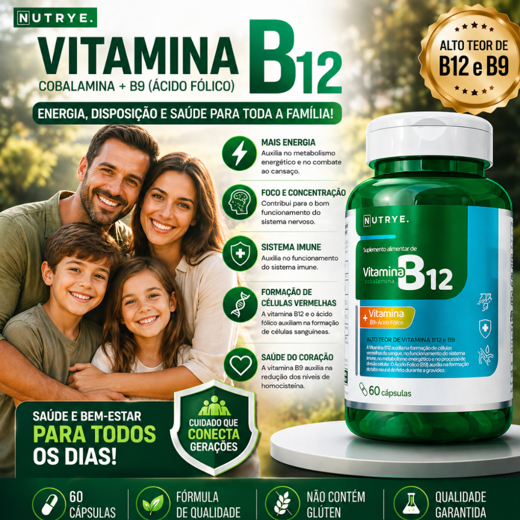 🔥 Vitamina B12 + B9 Nutrye 60 Cápsulas Cobalamina Ácido Fólico Energia Foco Imunidade Disposição 🔥