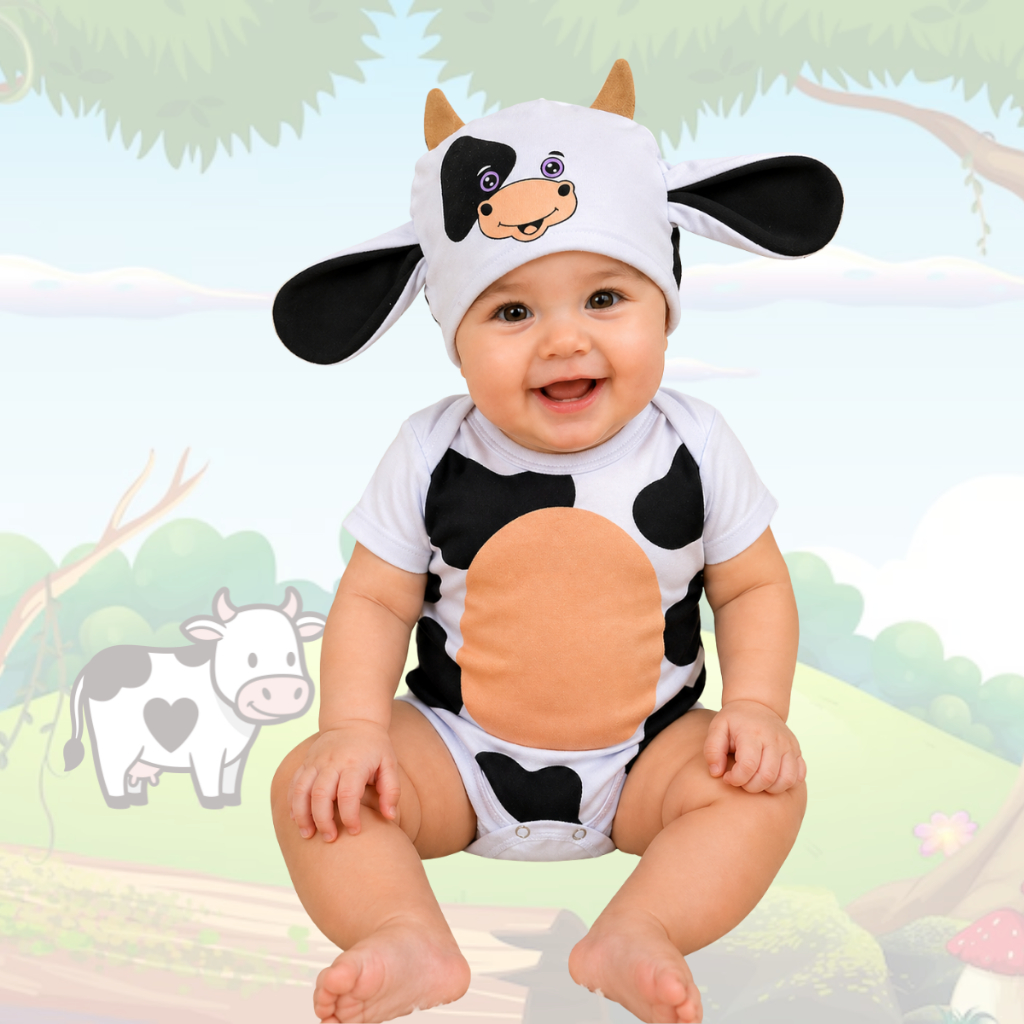 Body mesversário Bezerrinho com acessório fantasia Bezerro ensaio foto temático Suedine 100% algodão