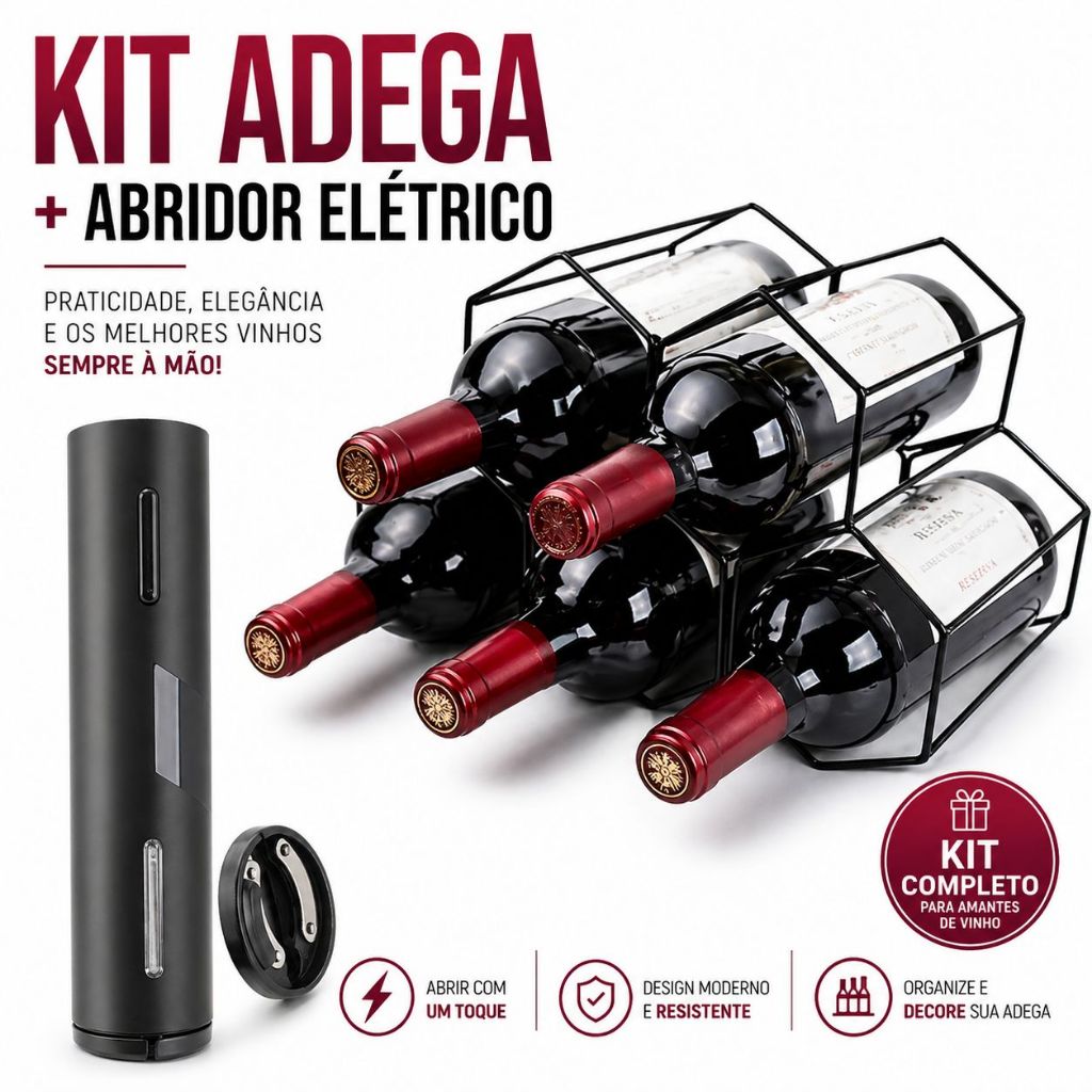 Kit Adega De Vinho Com 5 Comeia + Abridor Elétrico Automático Saca Rolhas Recarregável