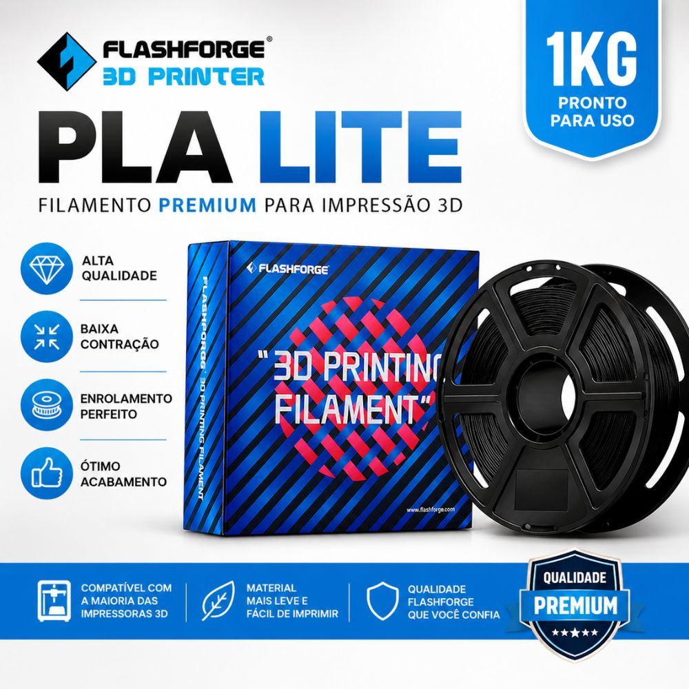 Filamento PLA Lite Flashforge Preto 1Kg 1.75mm Alta Qualidade Impressão 3D Profissional