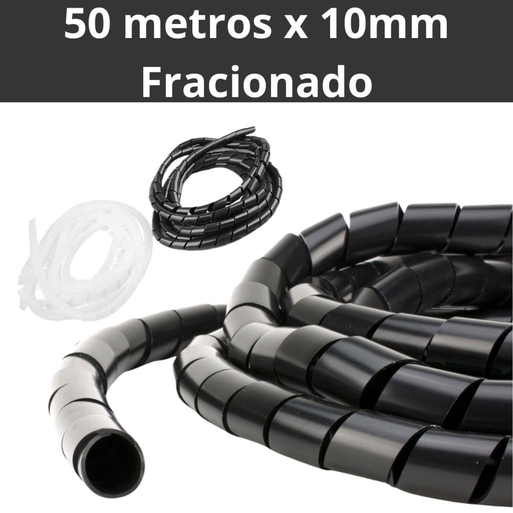 Organizador de Cabos Fios Espiral 10mm x 50m Preto Branco Informática Flexível