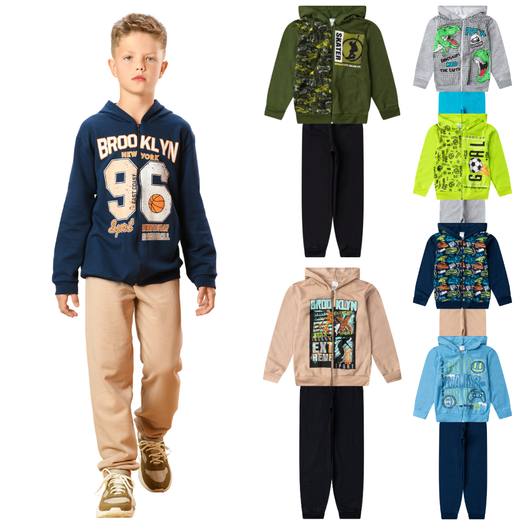 Kit 2 Peças Moletom Infantil Menino Inverno Conjunto 1 ao 14 masculino manga longa com Zíper e Capuz