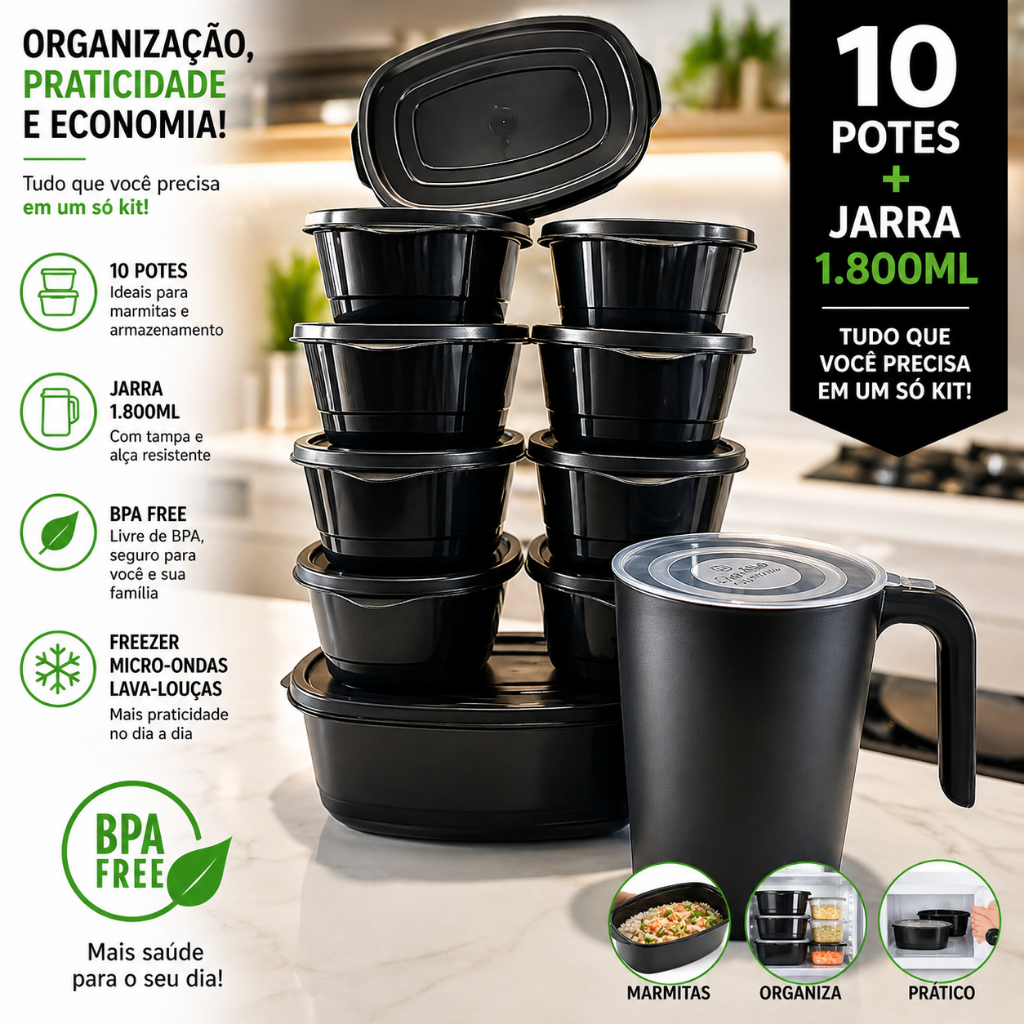 Kit 10 Potes Mais Jarra 1.800 ml Herméticos Freezer