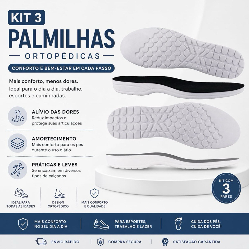 Kit 3 Palmilha Ortopédica 2.5cm Gel PU Anti-impacto Confortável Amortecedora Grossa Anatômica Corretiva Anti-torsão
