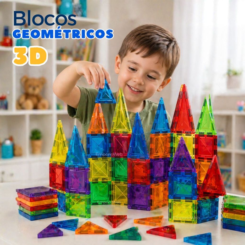 Brinquedo Educativo Magblock Geométrico 3D Kit Portátil Criativo de Construir Desenvolvimento