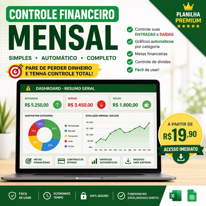 Planilha Financeira Completa Excel | Controle de Gastos, Entradas, Dívidas e Metas Automático.