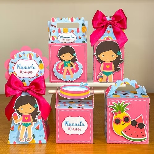JÁ MONTADAS 20 Caixinha com LAÇO POOL PARTY Papelaria Personalizada Lembrancinha de Aniversário