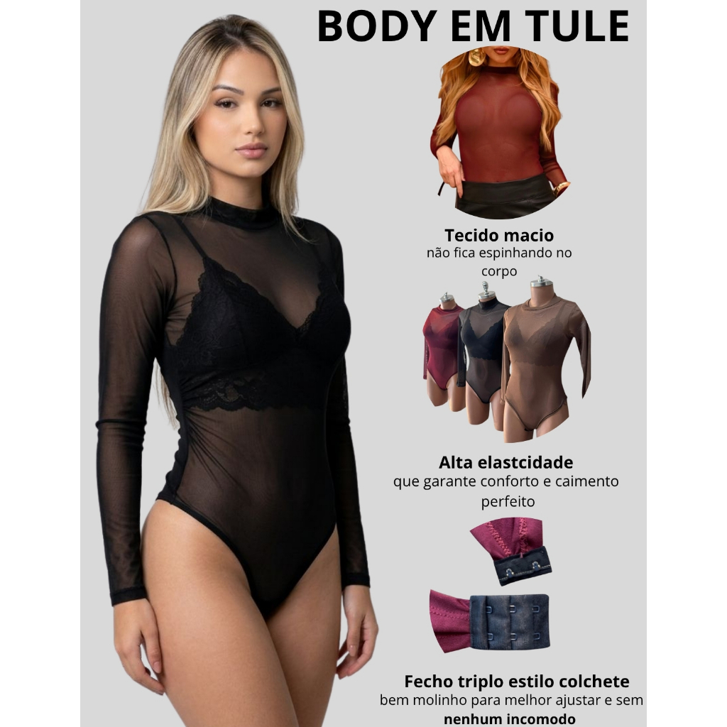 Body Feminino Tule Manga Longa Gola Alta Transparente Sexy Moda Blogueira Body Tule Preto Vinho Elegante Festa