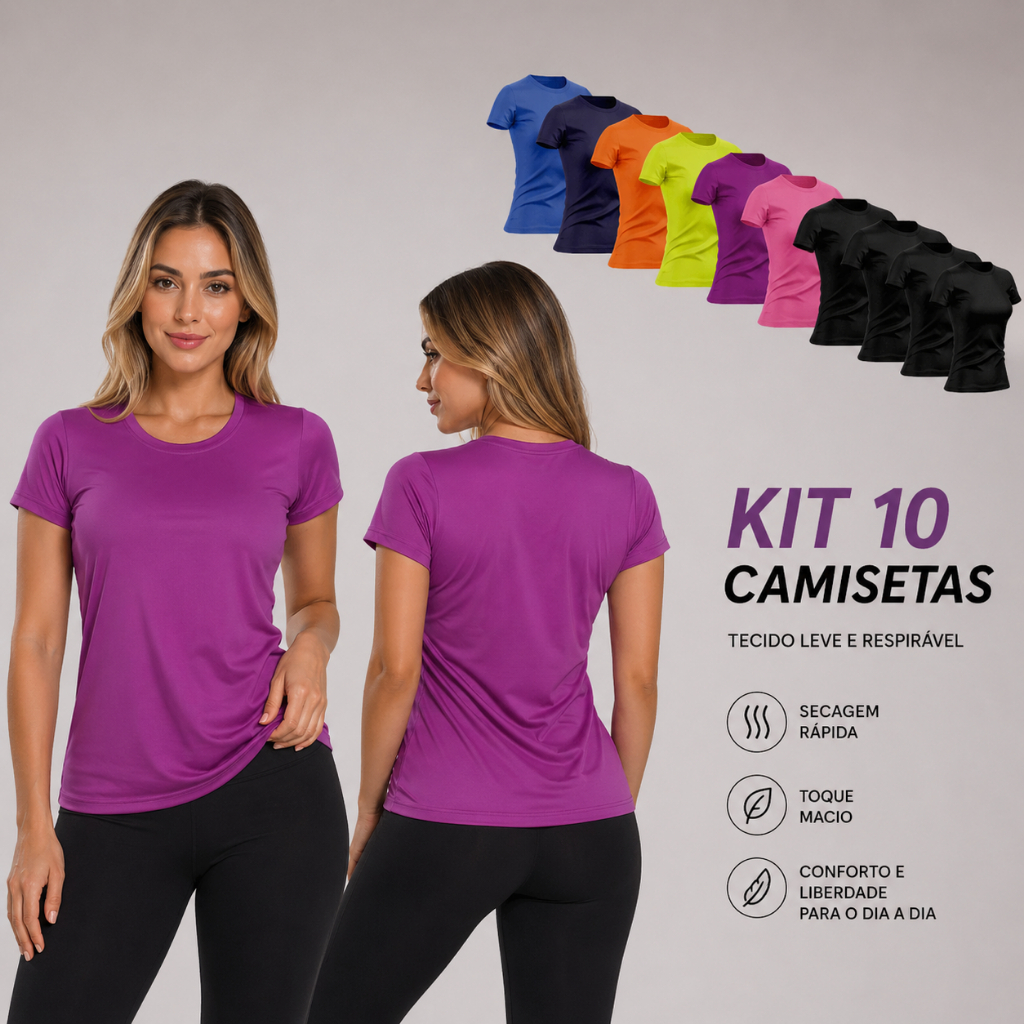 Kit 10 Camisetas Feminina Manga Curta Dry Fit Proteção Solar Blusinha Esportes Corrida Academia Cross Fit Baby Look