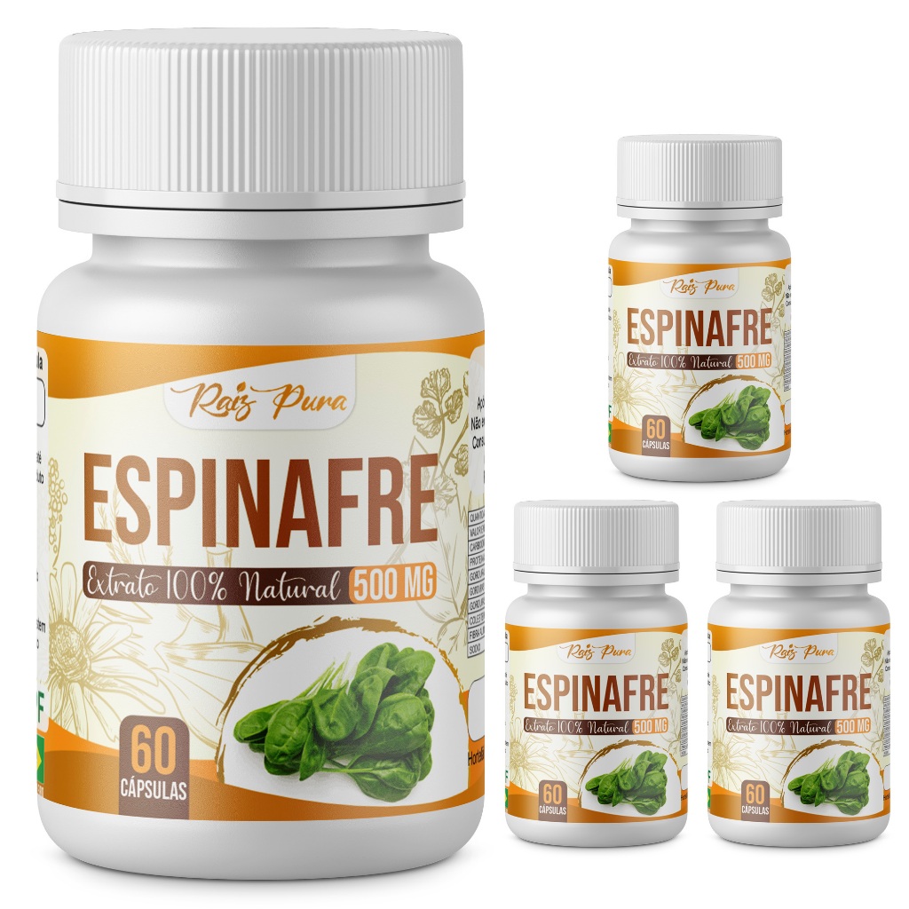 KIT 4 UNID - EXTRATO DE ESPINAFRE 100% PURO | 500 MG - 60 CÁPSULAS