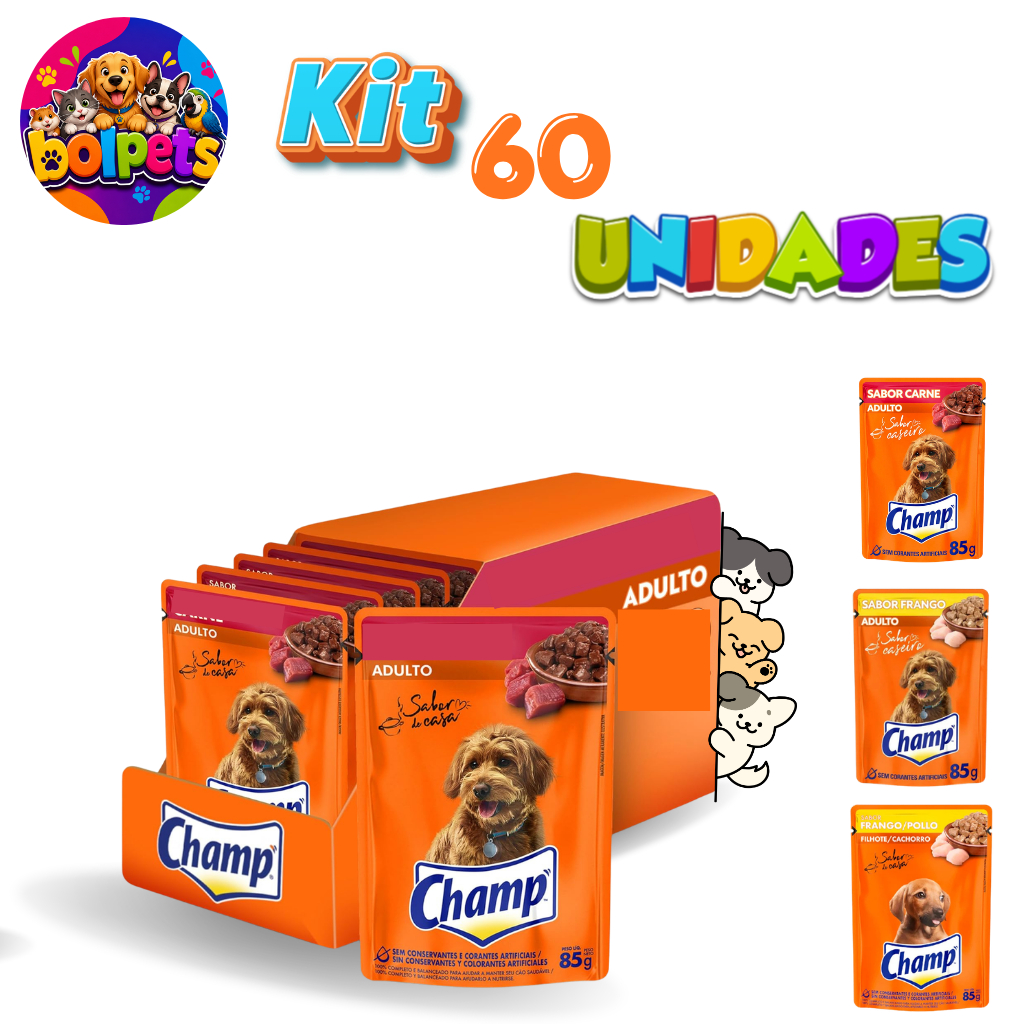 Champ sache ração úmida para Cães Adultos Sabor Caseiro, Frango e Filhote Frango 85 kit 60 und