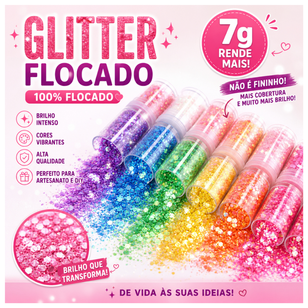 Kit 8/32 Potes Glitter Flocado Chunky Holográfico 7g Para Resina Unhas Artesanato chaveiro Festa Carnaval