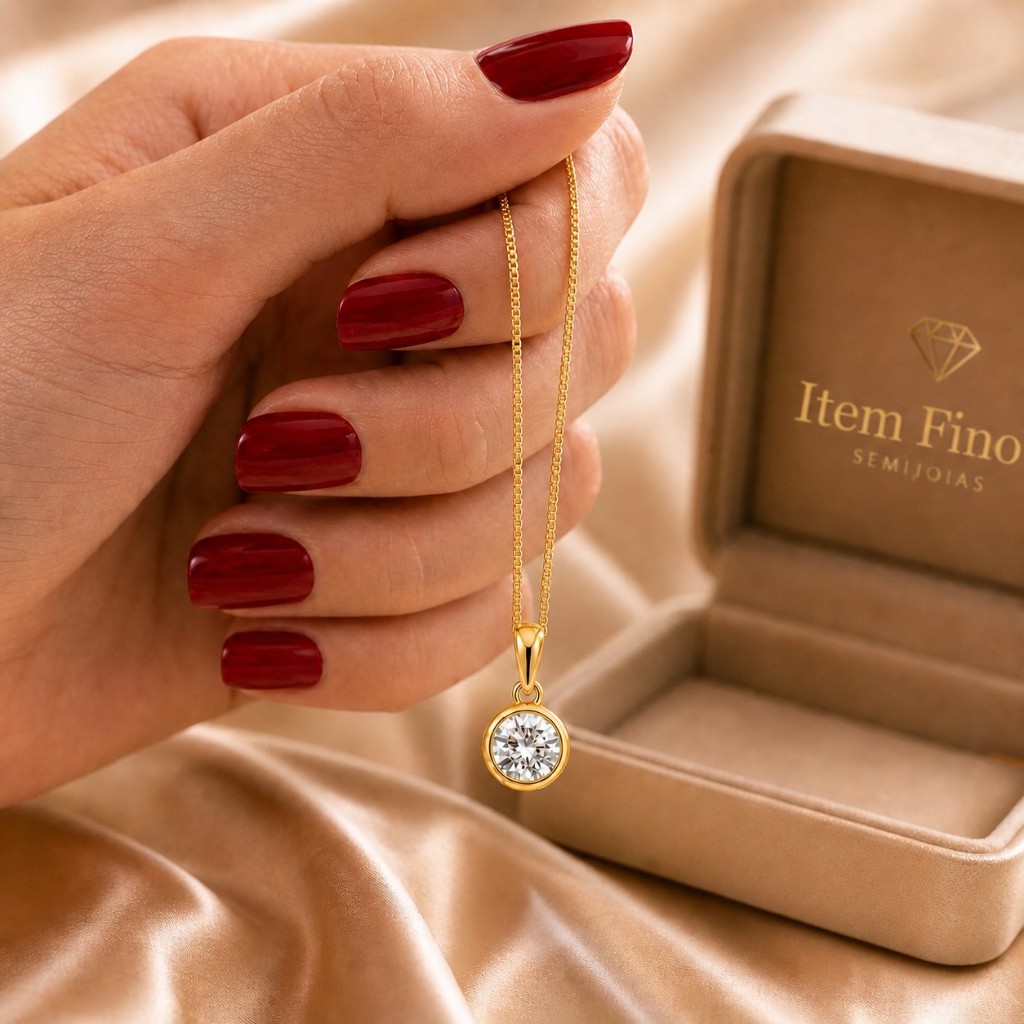 Colar Gargantilha Feminino Dourado Folheado a Ouro 18k Corrente Veneziana c/ Pingente Ponto de Luz Zircônia Antialérgico