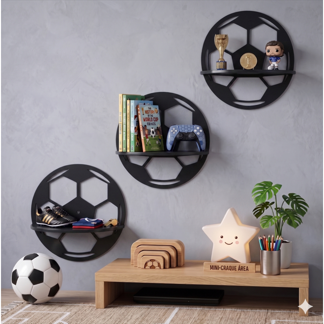 Kit 3 Nichos Prateleira Bola de Futebol em MDF – Decoração e Organização