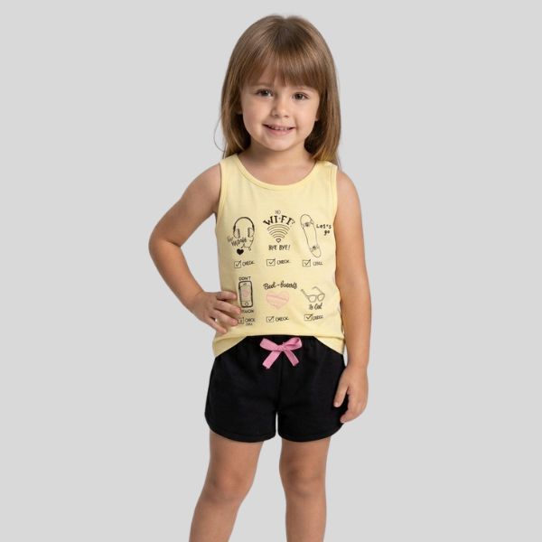 Conjunto Infantil Feminino Verão Regata  Meia Malha 100% Algodão Shorts Moletinho Confortável Menina