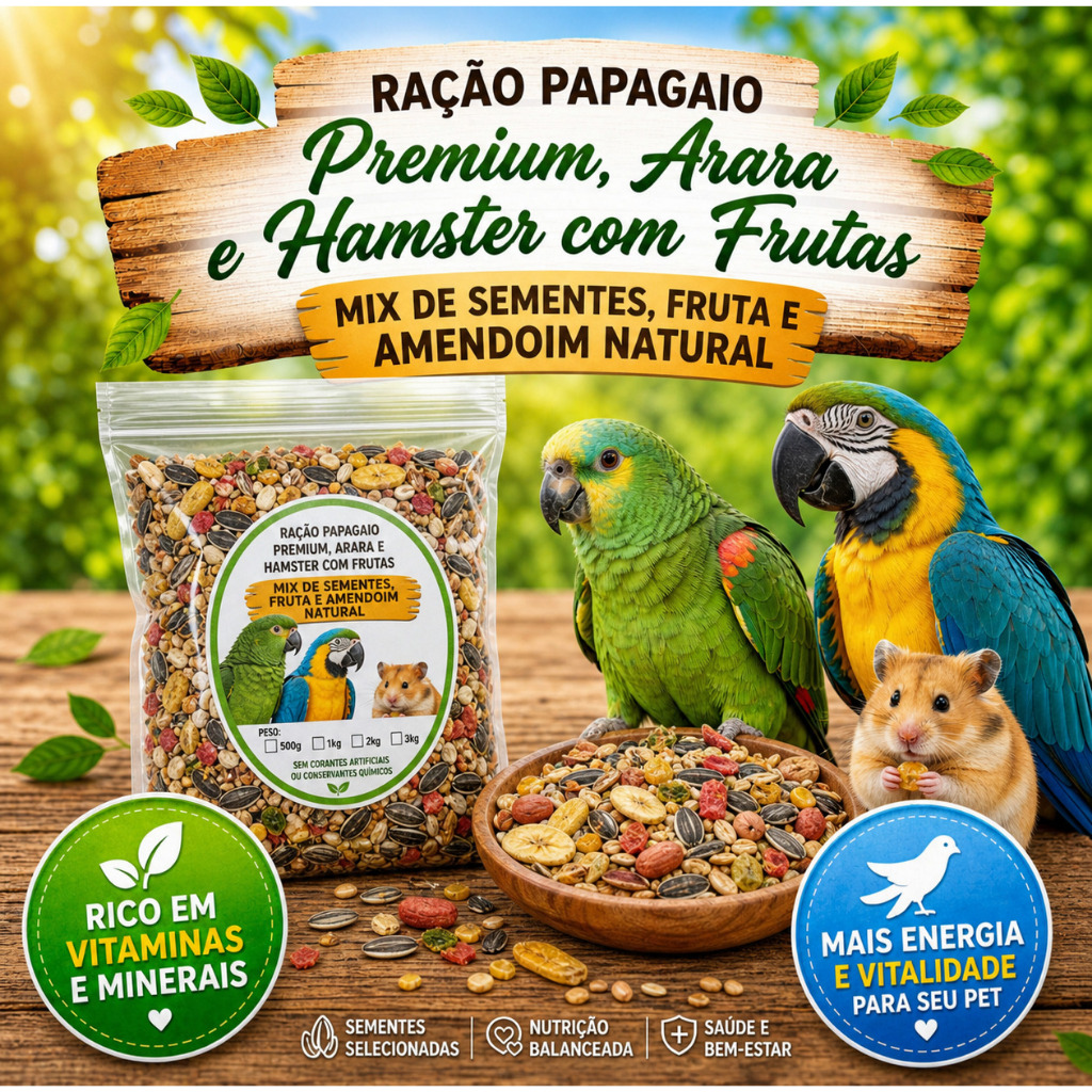 Ração Papagaio Premium, Arara e Hamster com Frutas - Mix de Sementes, Fruta e Amendoim Natural