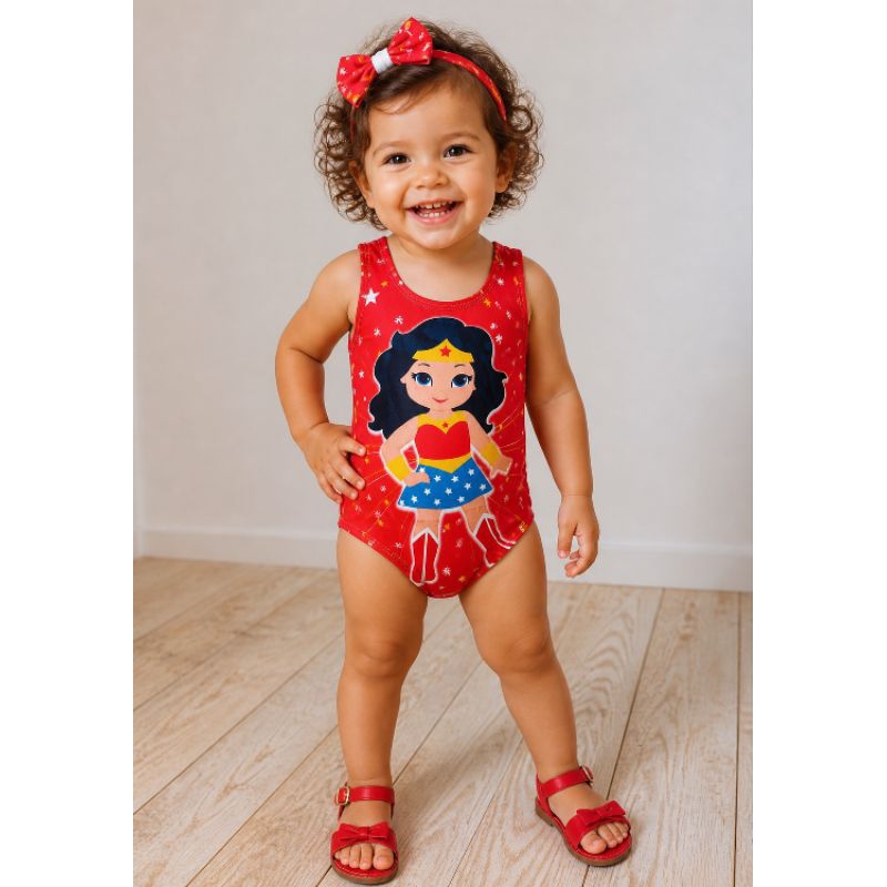 Body Infantil Mulher Maravilha Vermelho Fantasia Bebê Menina Roupa Temática