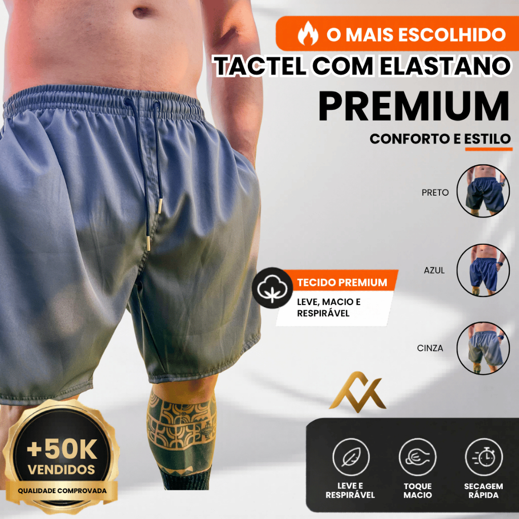 Shorts Masculino Tactel Elastano Esportivo Bermuda Bolsos Leve Confortável Não Esquenta Seca Rápido