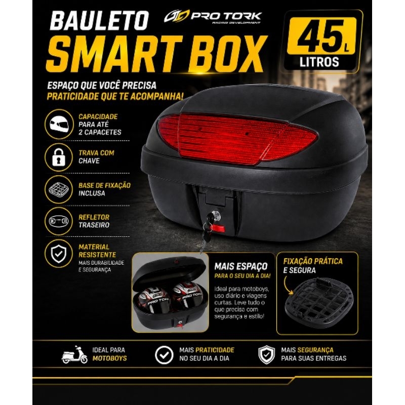 Baú Bauleto 45L Pro Tork Smart Box 2 Caixa Moto Capacete Resistente