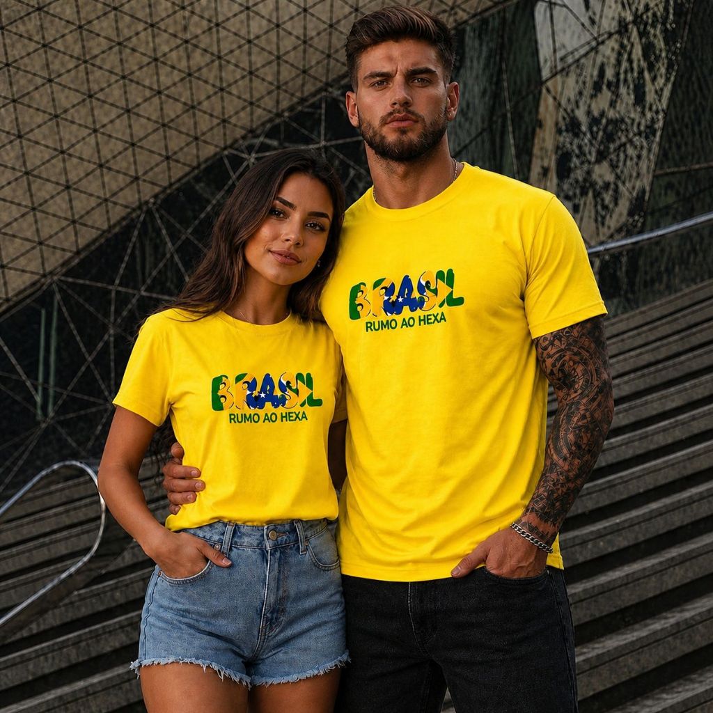 Kit 2 Camisetas Camisa Casal Brasil Colorido Rumo ao Hexa Unissex Masculina Feminina Seleção Brasileira Copa do Mundo