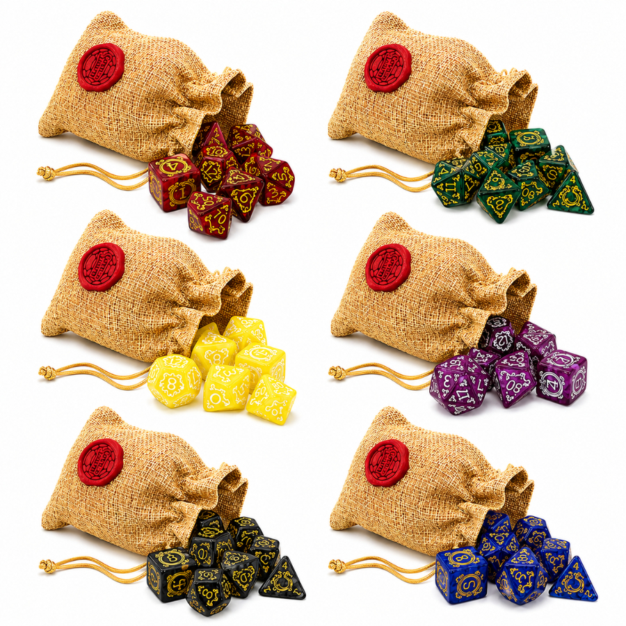 Conjunto 7 Dados RPG Runa de Dragão + Bolsa do Covil do Jabuti | D&D (D6 D20 D10 D12 D4 D8)