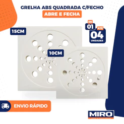Grelha para Ralo Quadrada em Plástico ABS com Fecho – Abre e Fecha – 10x10 ou 15x15 – 1 até 4 Unidades