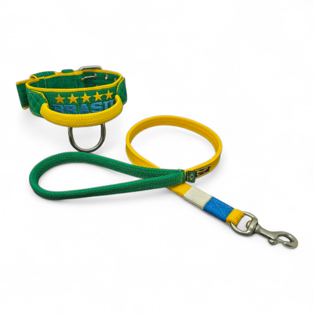 Coleira + Guia 80cm Verde/Amarelo Brasil Com Alça Cachorro Adestramento Pitbull Pastor Dogue Alemão