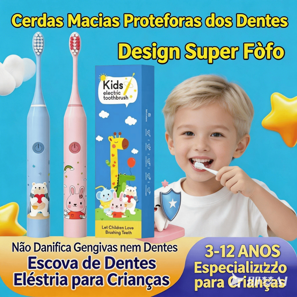 Escova Elétrica Infantil 3-12 Anos | 4 Cabeças, IPX7, 3 Meses de Bateria, Vibração Suave | Kids